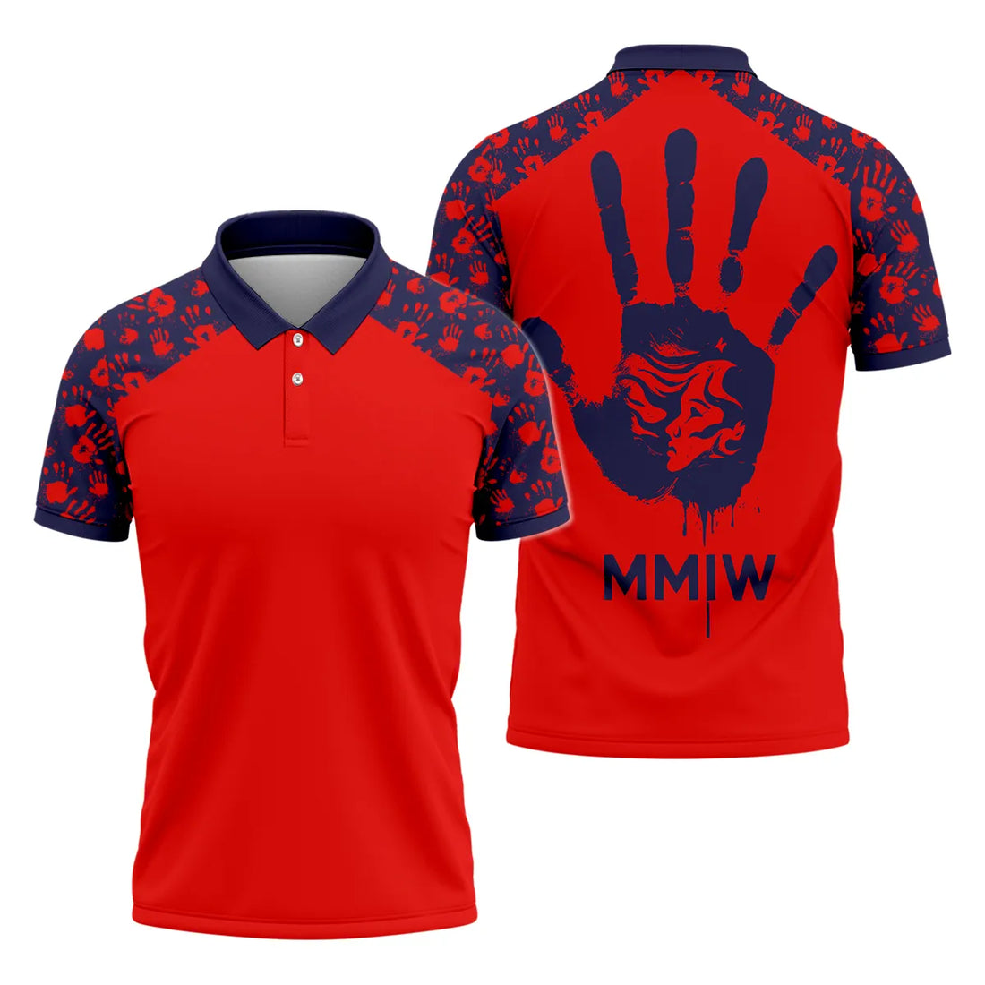 A vibrant red polo shirt featuring the Native American “MMIW” Handprint Motif, a bold design symbolizing the fight for Missing and Murdered Indigenous Women (MMIW). The shirt showcases powerful handprint artwork in red and navy, making a strong statement for awareness and solidarity.