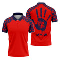A vibrant red polo shirt featuring the Native American “MMIW” Handprint Motif, a bold design symbolizing the fight for Missing and Murdered Indigenous Women (MMIW). The shirt showcases powerful handprint artwork in red and navy, making a strong statement for awareness and solidarity.