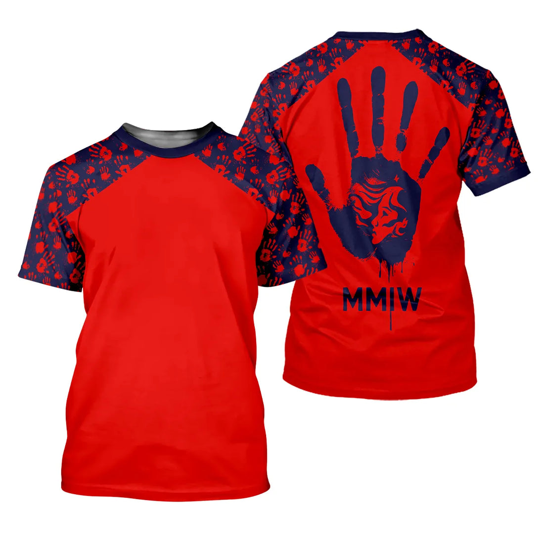 A vibrant red polo shirt featuring the Native American “MMIW” Handprint Motif, a bold design symbolizing the fight for Missing and Murdered Indigenous Women (MMIW). The shirt showcases powerful handprint artwork in red and navy, making a strong statement for awareness and solidarity.