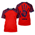  A red t-shirt adorned with the impactful Native American “MMIW” Handprint Motif, with vivid red handprints and symbolic imagery on navy sleeves. A powerful statement piece, honoring the movement for Missing and Murdered Indigenous Women (MMIW).
