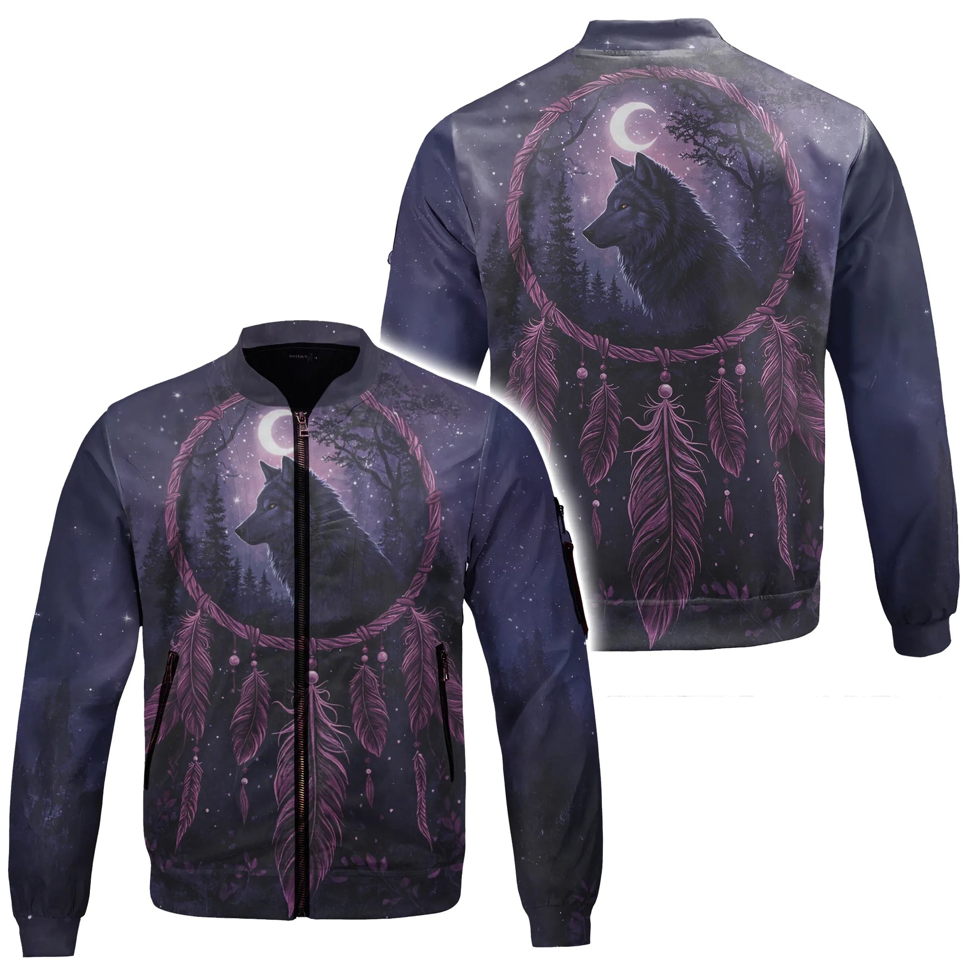 A stylish bomber jacket showcasing the "Mystic Dreamcatcher Wolf" design, suitable for unique evening wear. The striking imagery of a wolf silhouetted against a moonlit forest within a dreamcatcher, complete with delicate feathers, makes this piece a true statement. Its sleek design offers a blend of comfort and an intriguing aesthetic for any casual night out.
