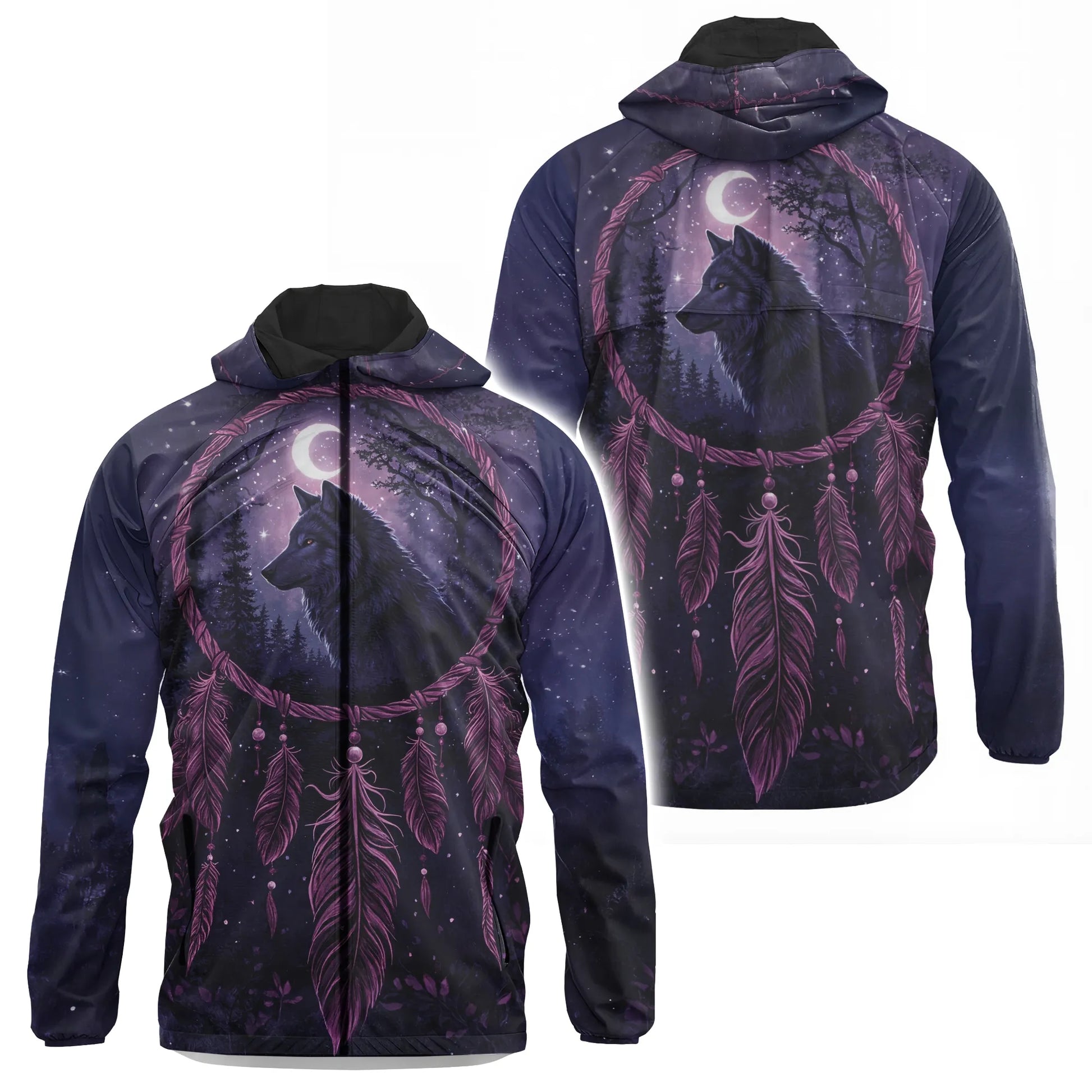 This hooded windbreaker jacket features the enchanting "Mystic Dreamcatcher Wolf" design, an excellent choice for evening wear. The vibrant depiction of a wolf under a crescent moon, framed by a dreamcatcher and feathers, stands out against the dark, starry background. Lightweight and functional, it's perfect for adding a mystical flair to your outdoor adventures or evening strolls.