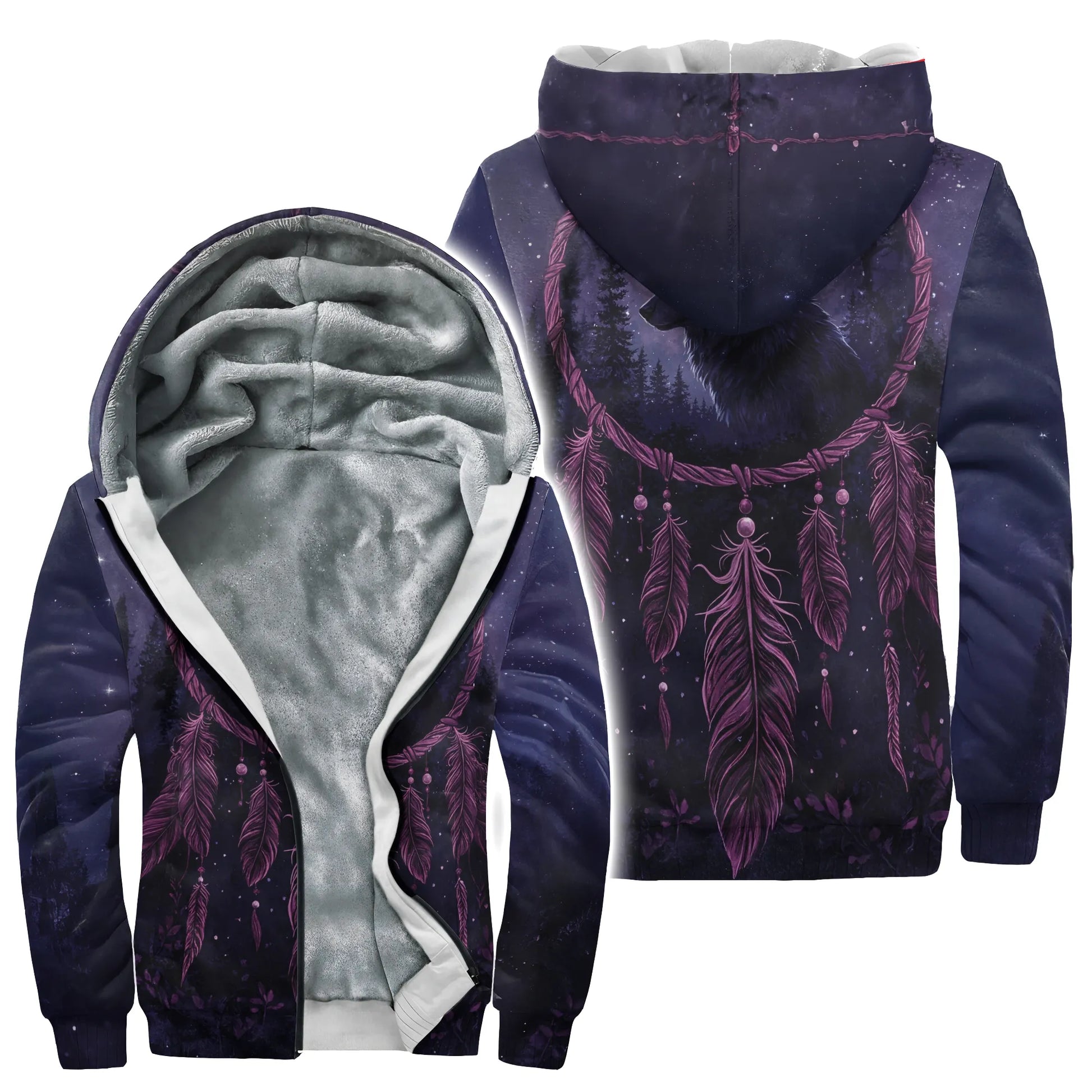 This warm, fleece-lined hoodie features a captivating "Mystic Dreamcatcher Wolf" design, perfect for evening wear. The deep blue and purple hues create a mystical night sky backdrop, while a powerful wolf gaze emerges from within a dreamcatcher, adorned with flowing feathers. Ideal for staying cozy while embracing a connection to nature and a touch of enigmatic style.