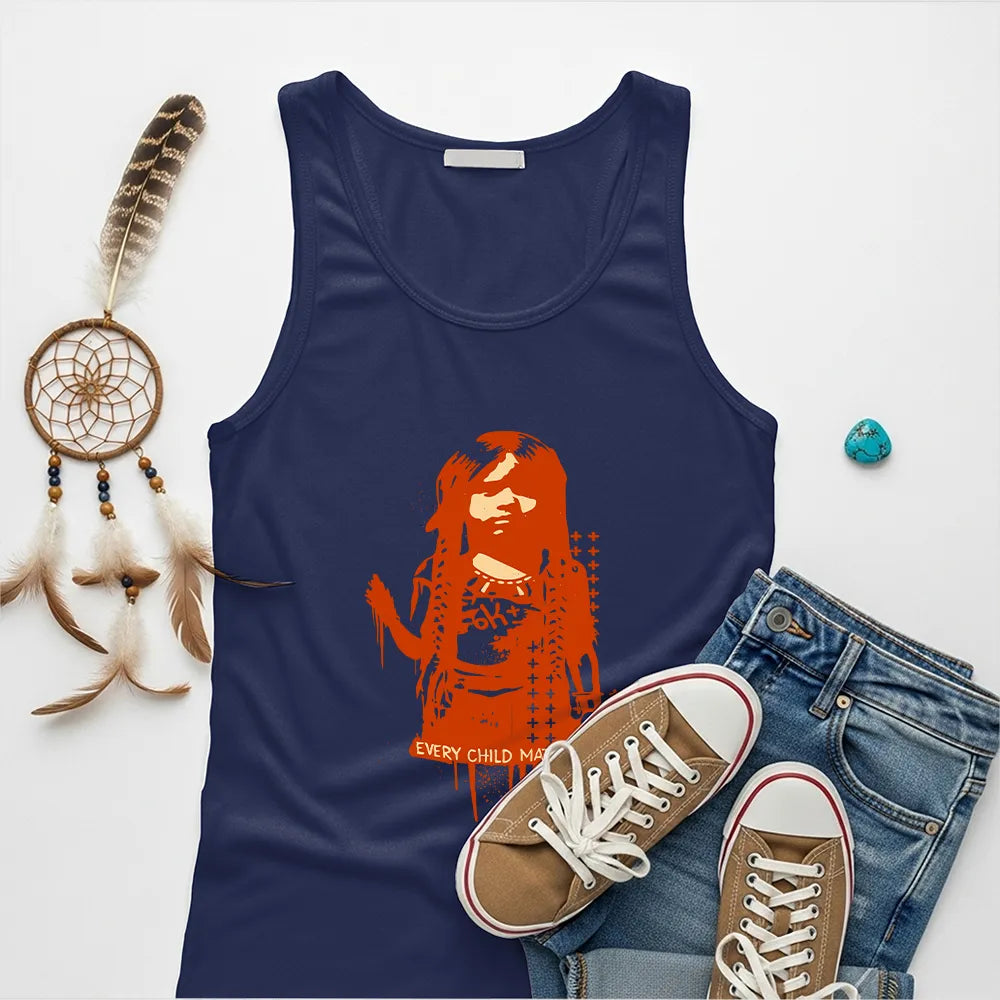 Navy tank top with bold orange Every Child Matters print reflecting Native American heritage.