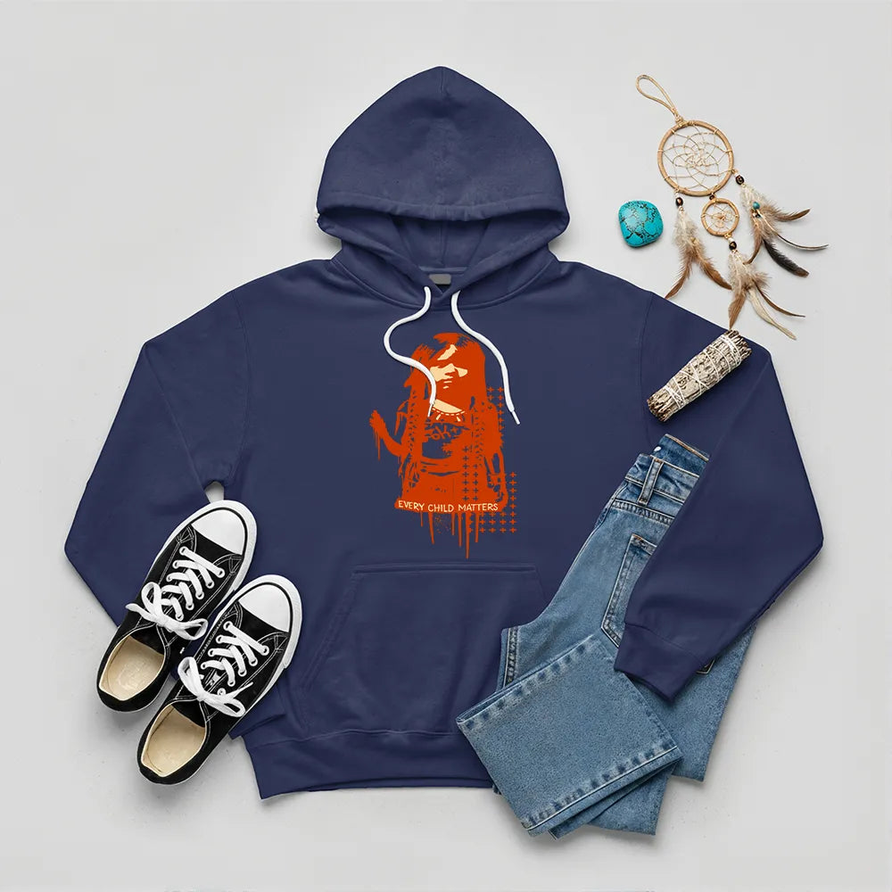 Navy hoodie with Native American child silhouette and Every Child Matters quote