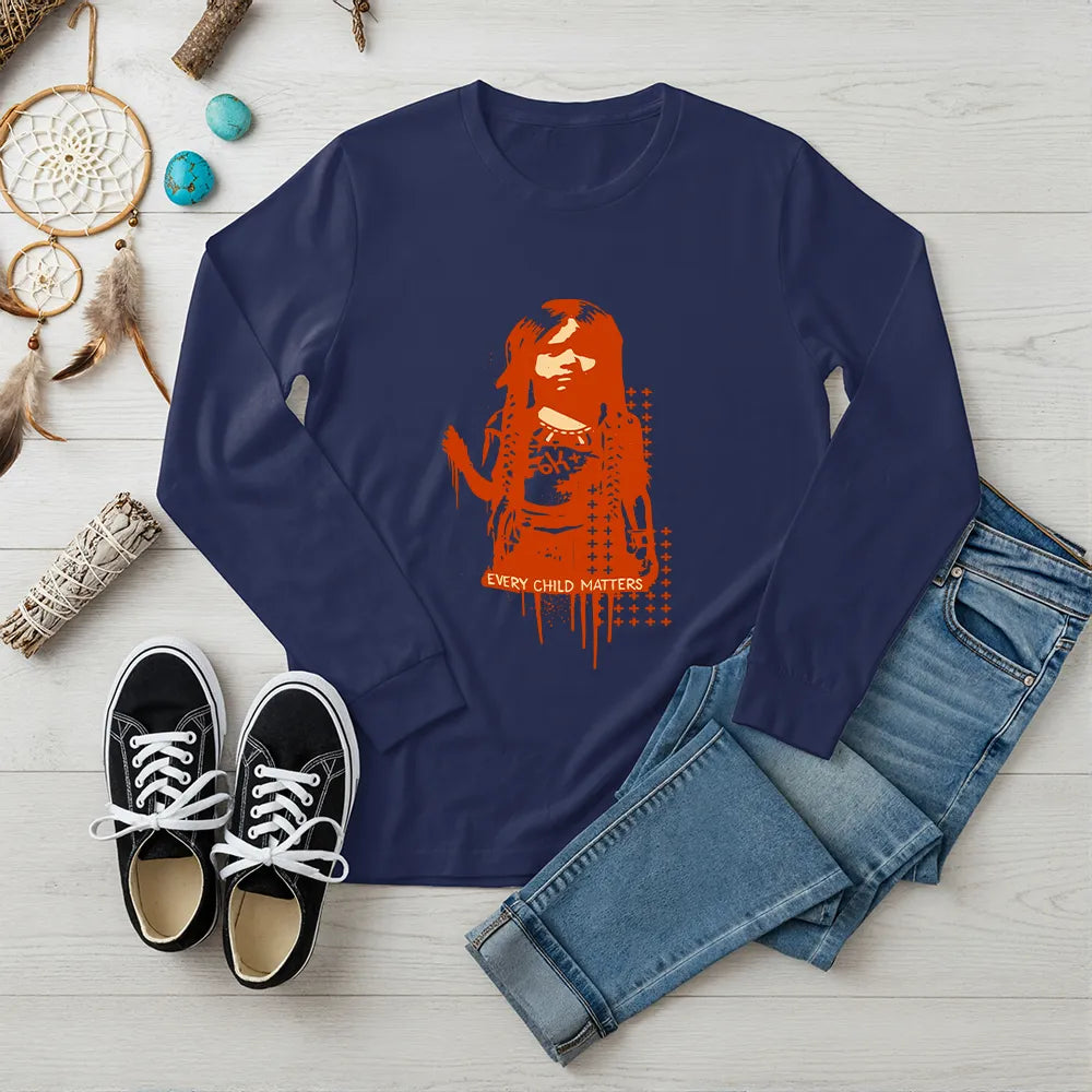 Navy Native America long sleeve shirt with Every Child Matters design inspired by Indigenous culture
