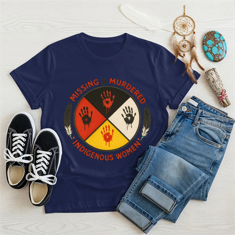 Navy Native America t-shirt with Missing & Murdered Indigenous Women design and handprints.