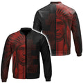 A distinctive bomber jacket presenting a compelling Native American headdress portrait alongside the phrase 