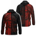 This hooded windbreaker jacket prominently displays a Native American headdress portrait and the powerful message 