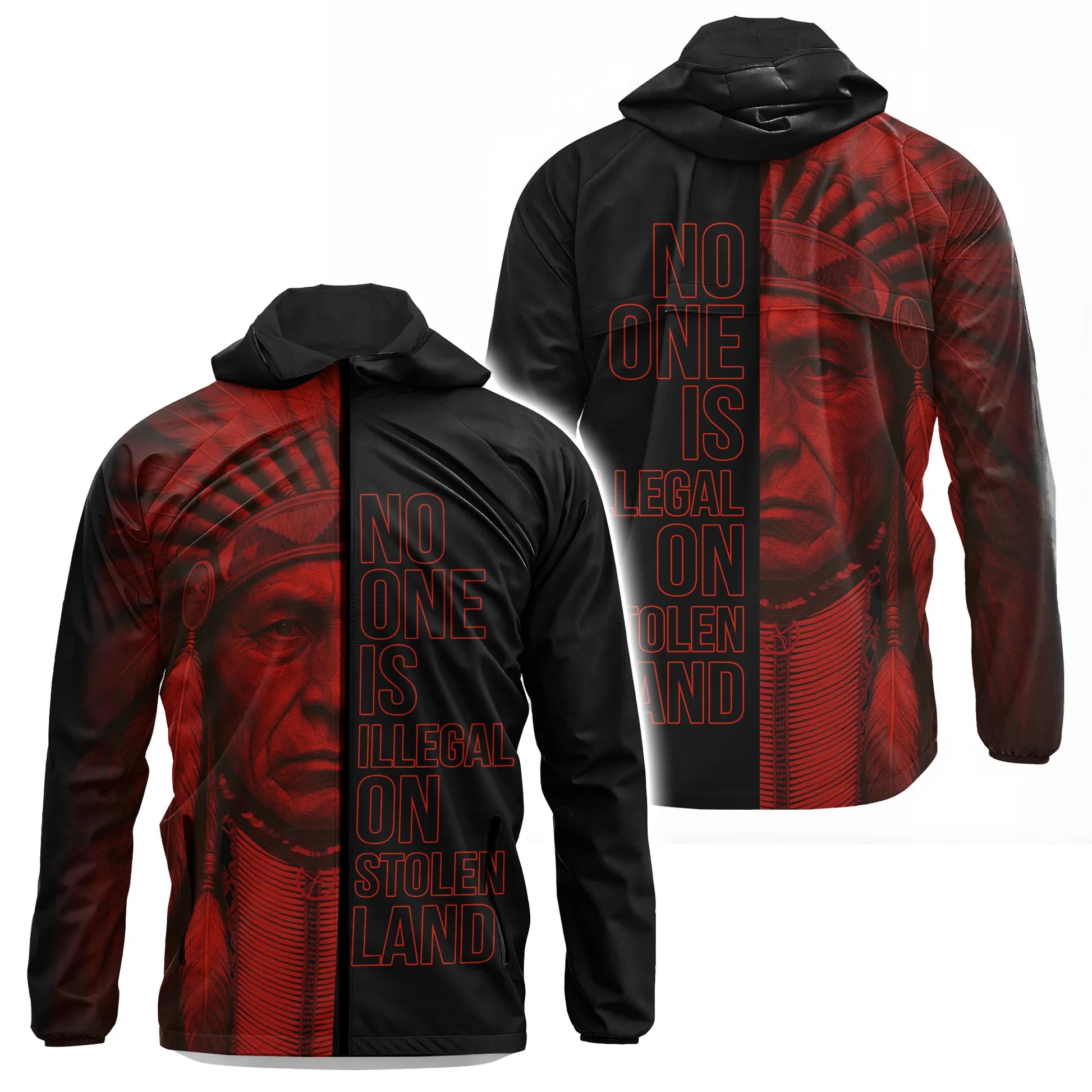 This hooded windbreaker jacket prominently displays a Native American headdress portrait and the powerful message "NO ONE IS ILLEGAL ON STOLEN LAND." Its lightweight and weather-resistant design is perfect for outdoor awareness events, rallies, or everyday wear where you want to show solidarity and advocate for indigenous land rights. The bold red and black split design ensures high visibility for the important message.