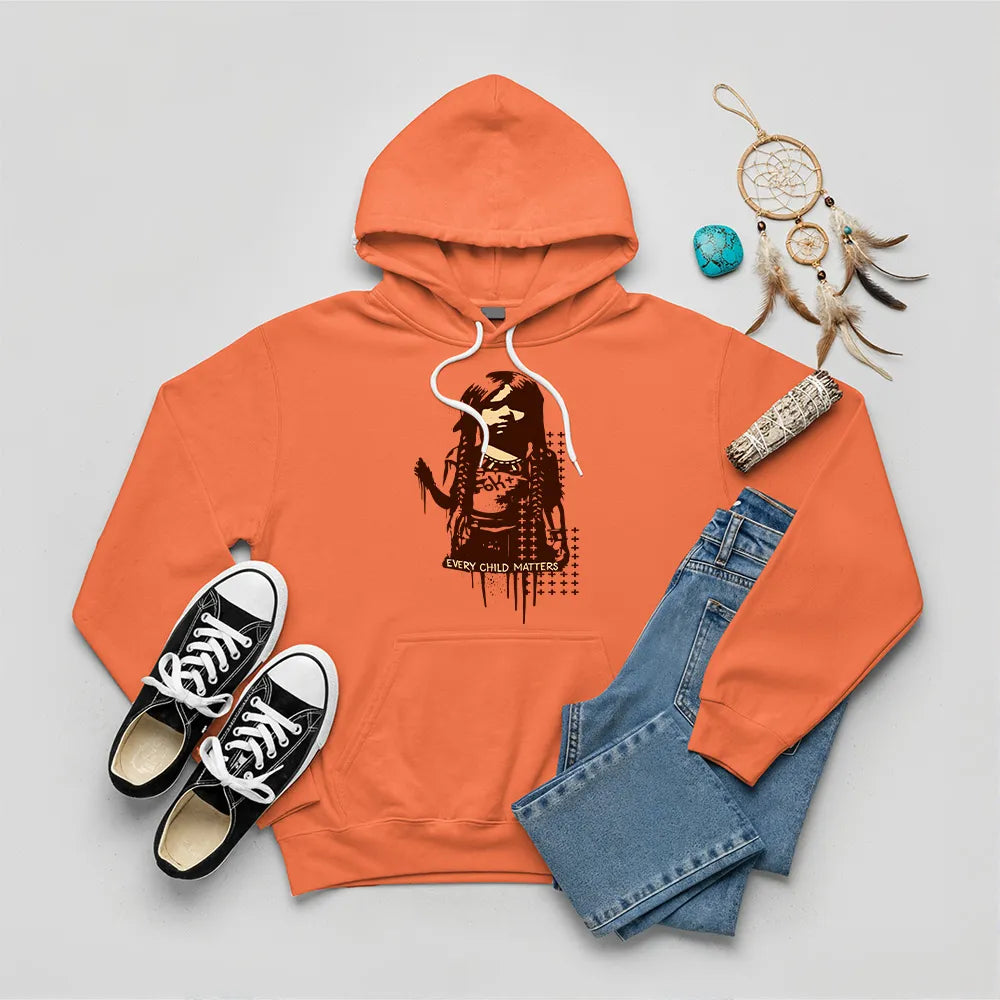 Orange hoodie with Native American child silhouette and Every Child Matters quote