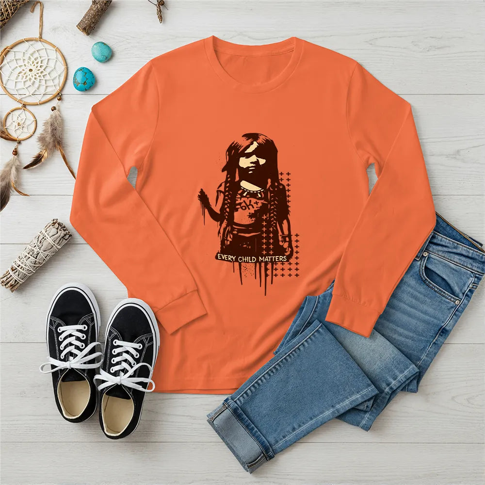 Orange Native America long sleeve shirt with Every Child Matters design inspired by Indigenous culture