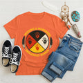 Orange Native America graphic tee with MMIW awareness handprint design.