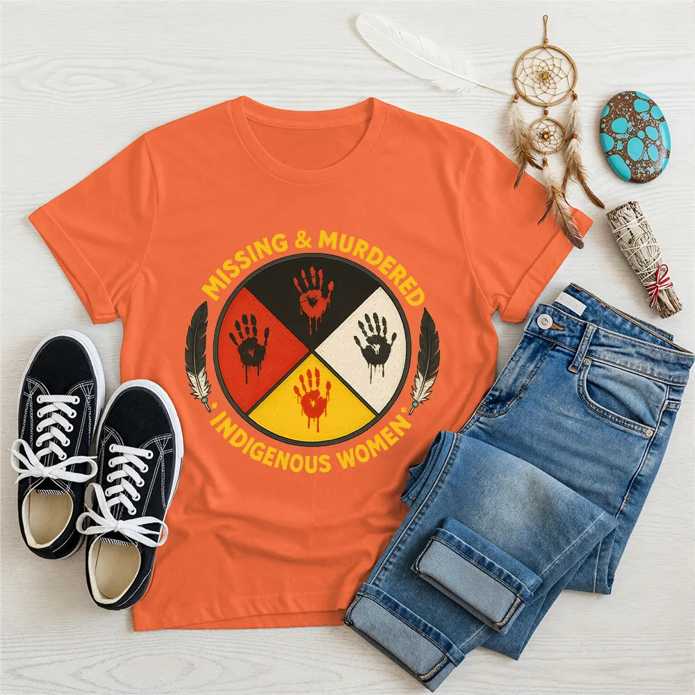 Orange Native America graphic tee with MMIW awareness handprint design.