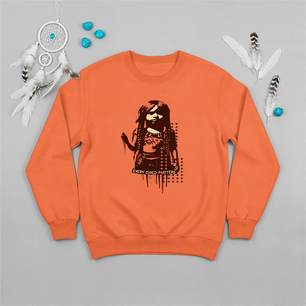 Orange Native America sweatshirt showcasing Indigenous girl design and Every Child Matters quote