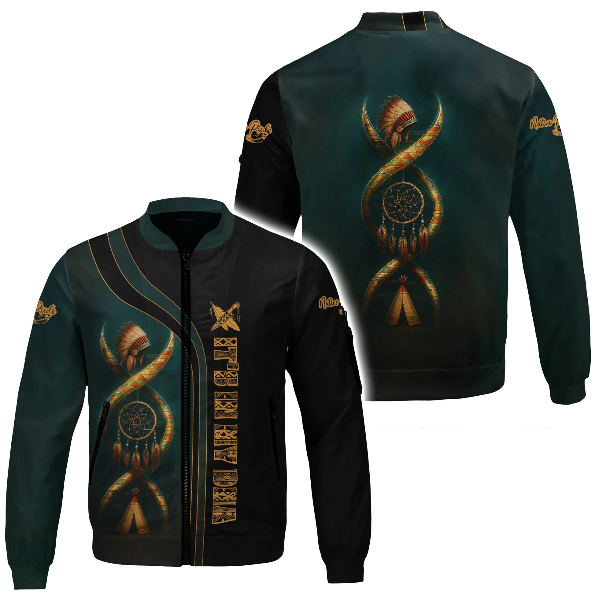 This bomber jacket showcases a unique "Native Pride Spirit Through the Flame" tribal pattern, inspired by the Native America Plains. The design features a stylized DNA helix intertwined with a headdress, dreamcatcher, and teepee, symbolizing heritage and resilience. The dark teal and black color blocking, accented with gold tribal motifs and text like "NATIVE PRIDE," make this jacket a powerful statement piece for adults and kids, perfect for showcasing cultural pride.