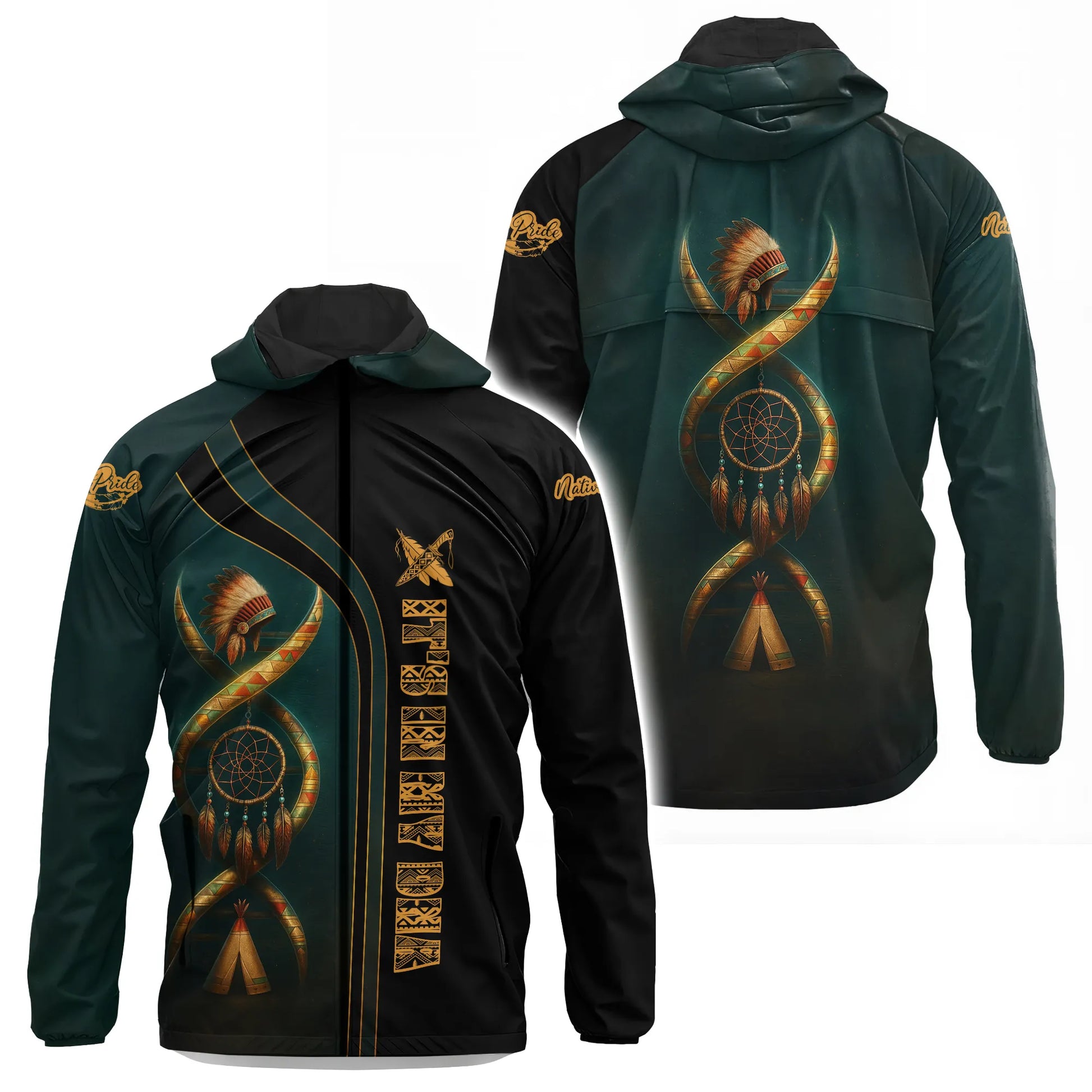 This hooded windbreaker jacket sports the distinctive "Native Pride Spirit Through the Flame" tribal pattern, reflecting the rich culture of the Native America Plains. The design prominently displays a DNA helix embellished with traditional elements like a headdress, dreamcatcher, and teepee, symbolizing ancestral roots. Lightweight and practical, with "NATIVE PRIDE" lettering and tribal patterns in gold against a teal and black background, this jacket is perfect for adults and kids to express their heritag