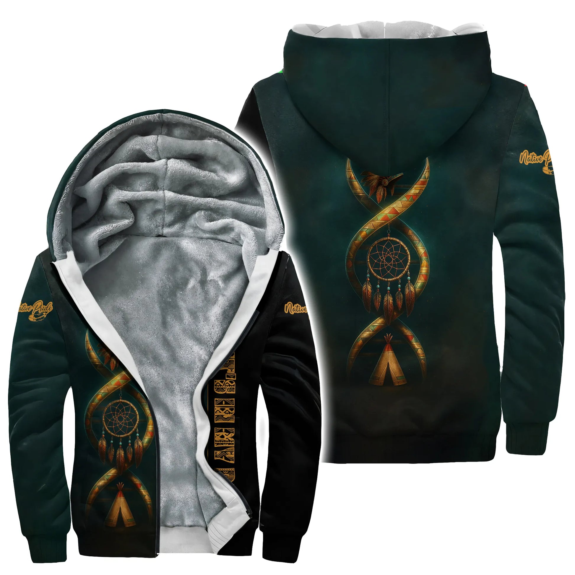 A cozy fleece-lined hoodie featuring the "Native Pride Spirit Through the Flame" tribal pattern, drawing inspiration from the Native America Plains. The central motif of a DNA helix adorned with a headdress, dreamcatcher, and teepee, set against a backdrop of deep teal and black, speaks volumes about indigenous heritage. With its warm interior and bold graphics including "NATIVE PRIDE" text, this hoodie is ideal for adults and kids to wear comfortably while celebrating their identity.