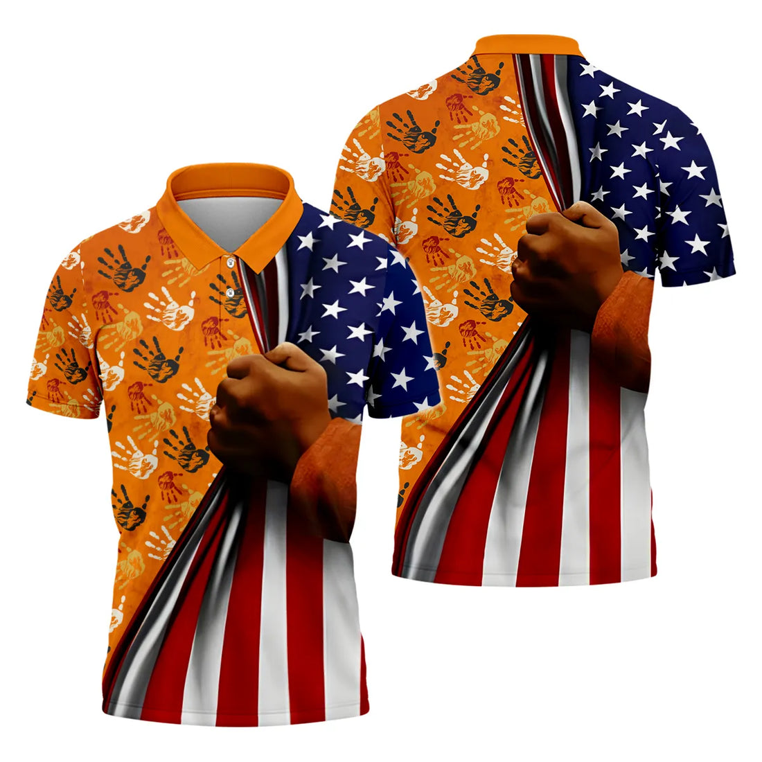 Fleece jacket with Native American handprints and American flag design featuring a clenched fist.