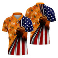 Polo shirt showcasing Native American handprints and American flag design with a powerful fist.