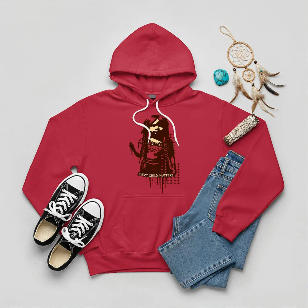 Red hoodie with Native American child silhouette and Every Child Matters quote