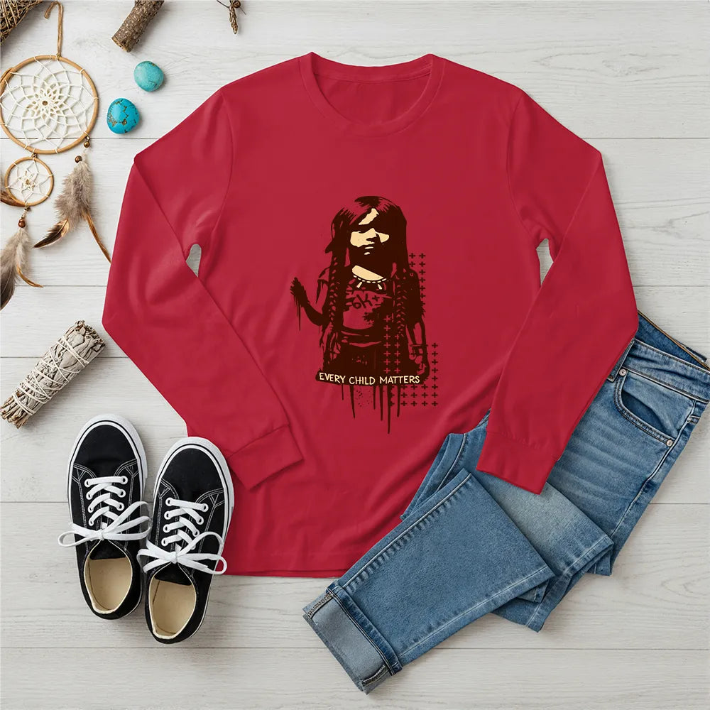 Red Native America long sleeve shirt with Every Child Matters design inspired by Indigenous culture
