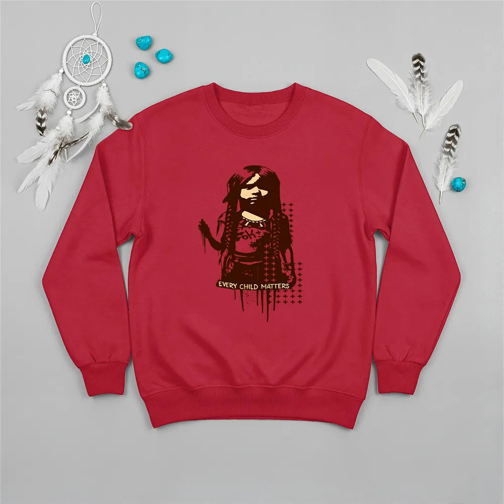 Red Native America sweatshirt with Indigenous girl design and Every Child Matters quote