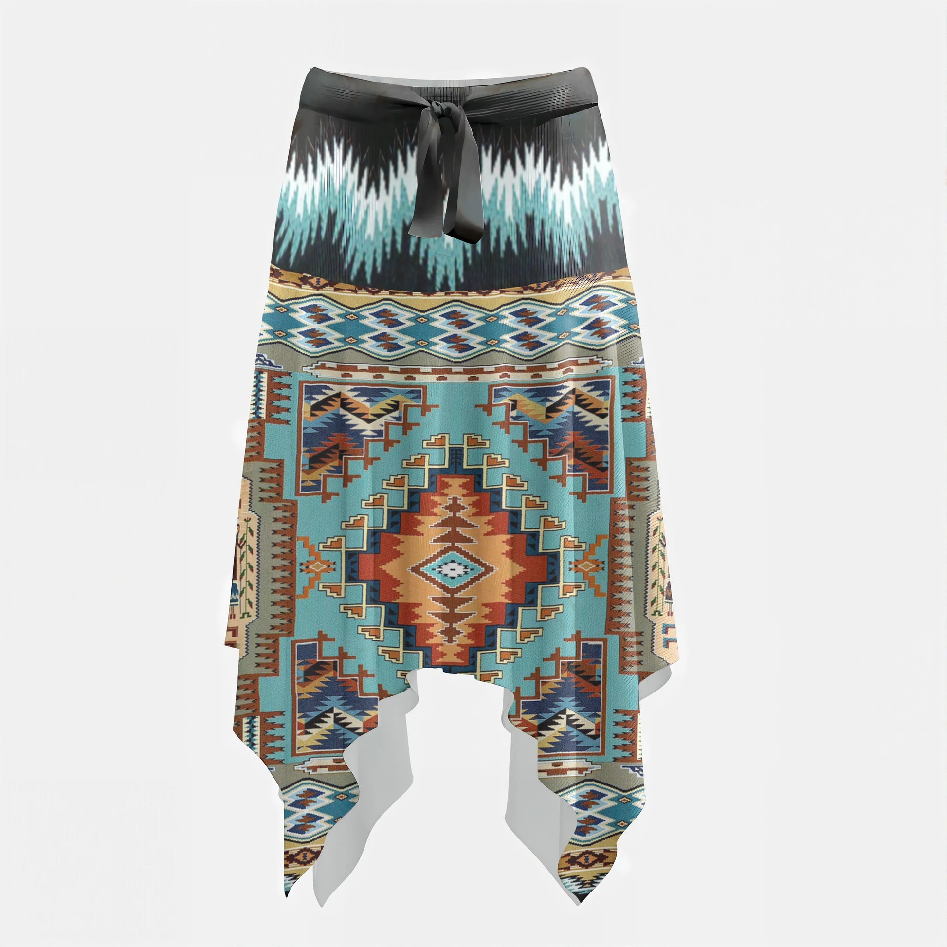 Front view of an asymmetrical midi skirt with Native American Southwest Navajo-inspired geometric tribal patterns and a teal and black waistband.