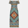 Full-length front view of a Native American Southwest Navajo-inspired off-shoulder maxi dress with intricate geometric tribal patterns in earthy tones.