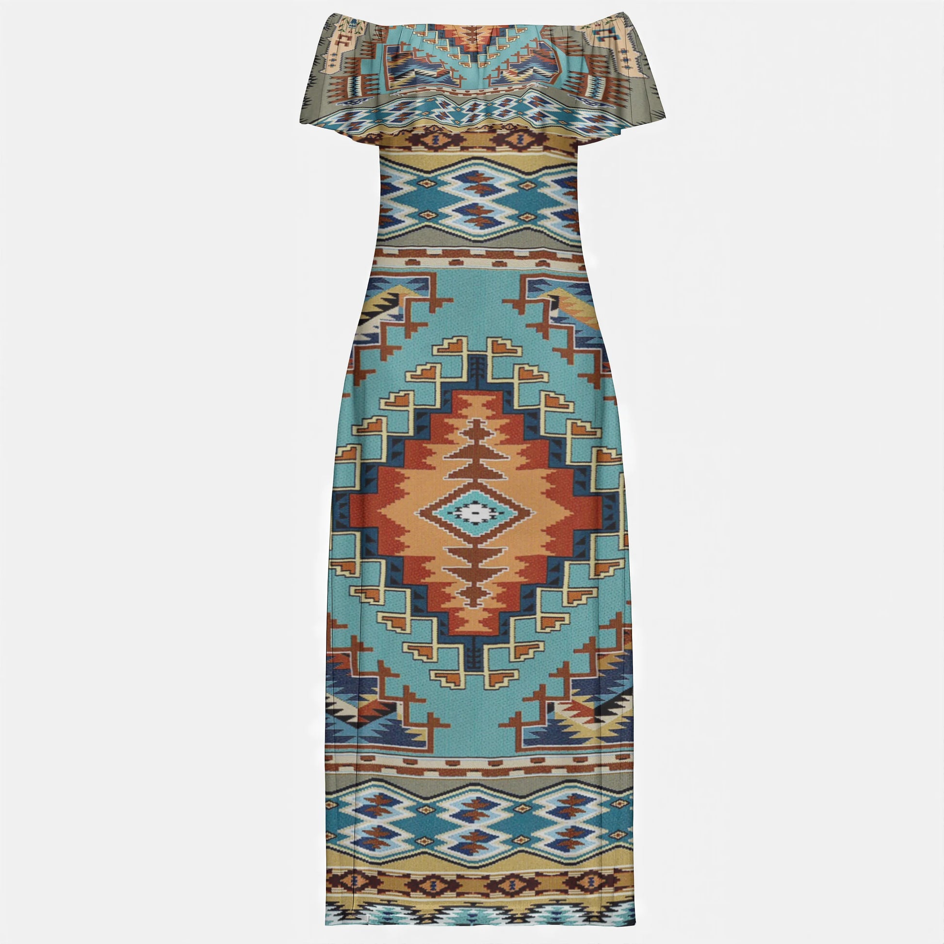 Full-length front view of a Native American Southwest Navajo-inspired off-shoulder maxi dress with intricate geometric tribal patterns in earthy tones.