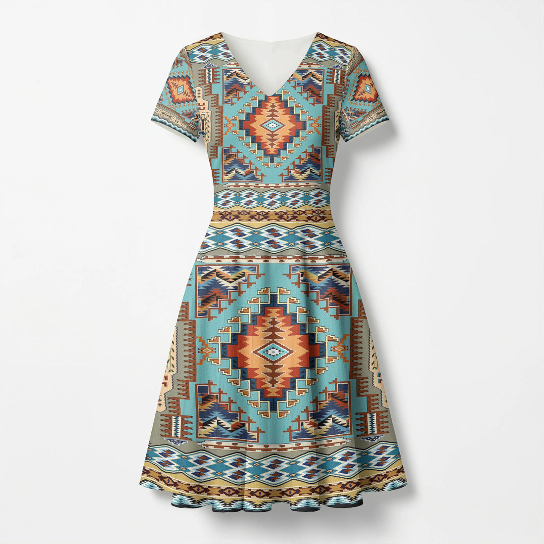 Front and back view of a Native American Southwest Navajo-inspired V-neck mini dress with intricate geometric tribal patterns in earthy tones.