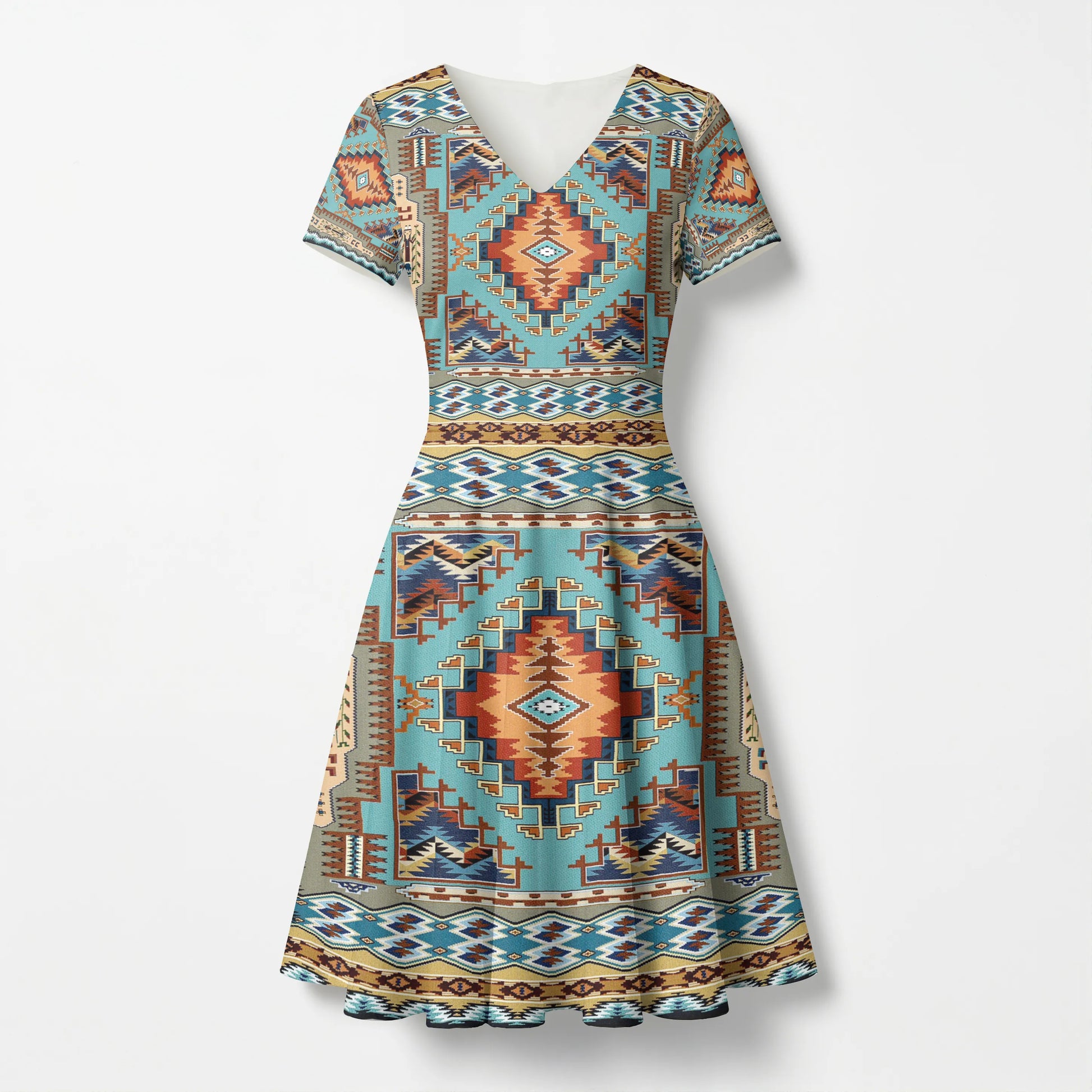 Full-length front view of a Native American Southwest Navajo-inspired V-neck A-line dress with intricate geometric tribal patterns in earthy tones.