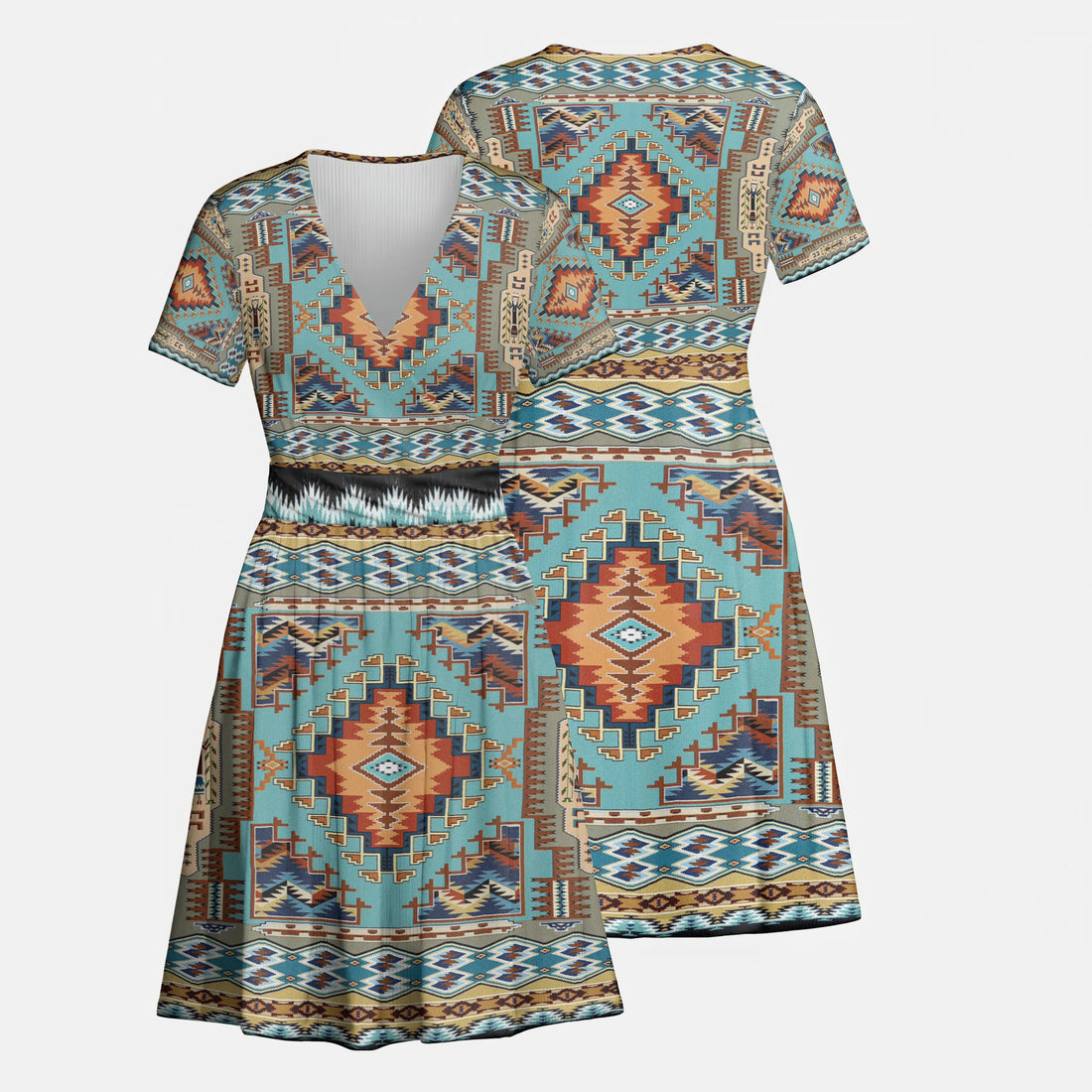 Front and back view of a Native American Southwest Navajo-inspired V-neck mini dress with intricate geometric tribal patterns in earthy tones.