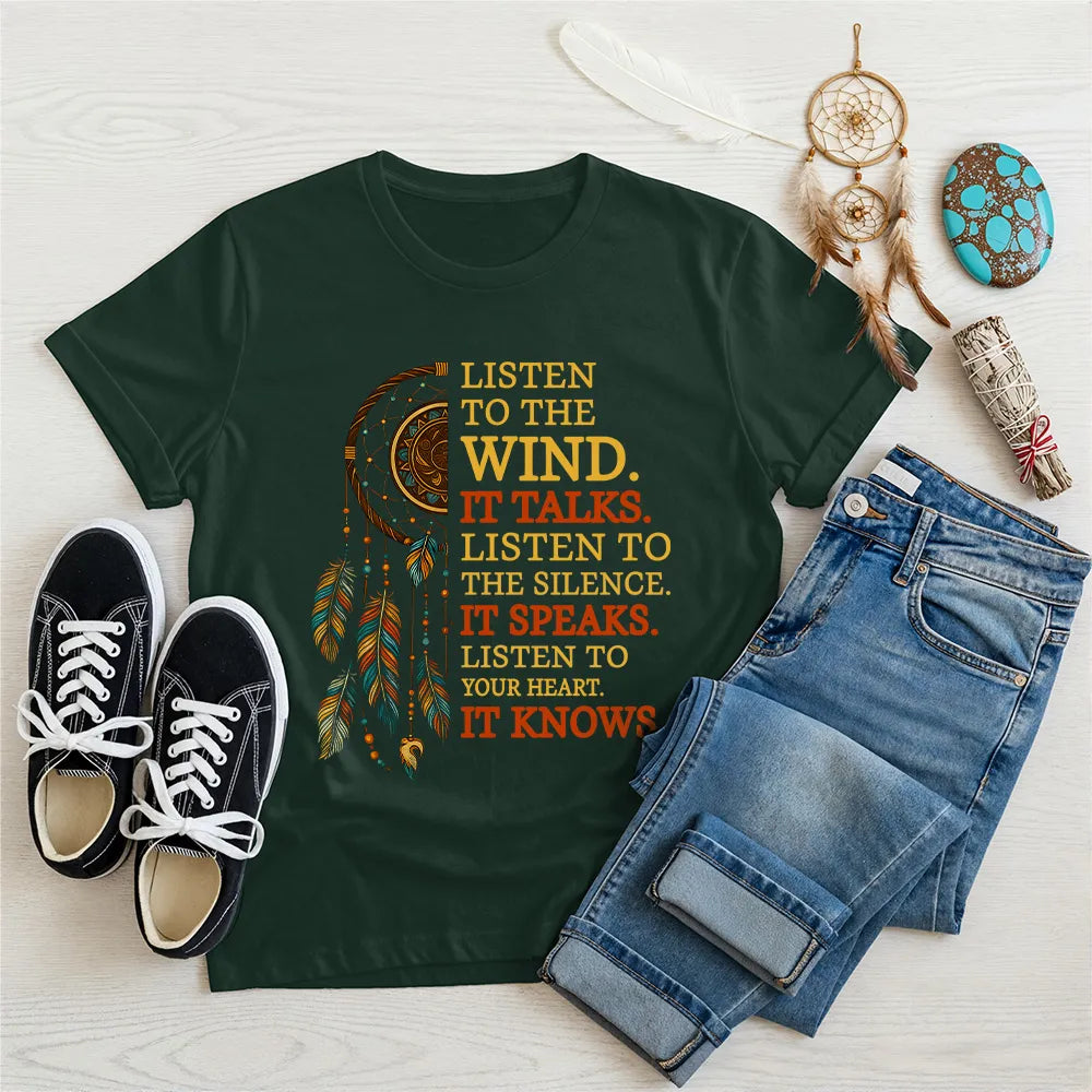 Dark green Native America t-shirt with dreamcatcher and spiritual quote