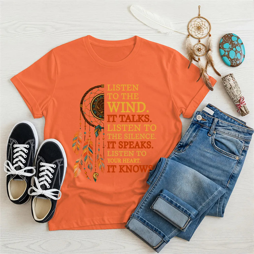 Orange Native America t-shirt with dreamcatcher and quote "Listen to the Wind"