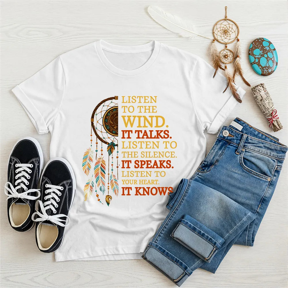 White Native America t-shirt featuring dreamcatcher and inspirational text