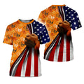 T-shirt featuring Native American handprints and American flag design with a clenched fist.