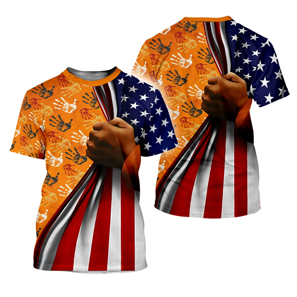 T-shirt featuring Native American handprints and American flag design with a clenched fist.