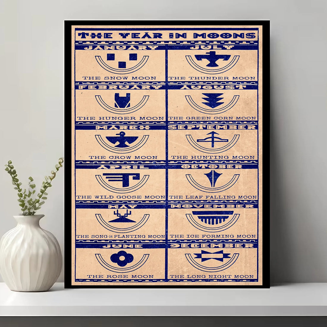 Canvas print featuring Native American lunar calendar, seasonal moons, and a cultural quote. Perfect for inspirational decor.