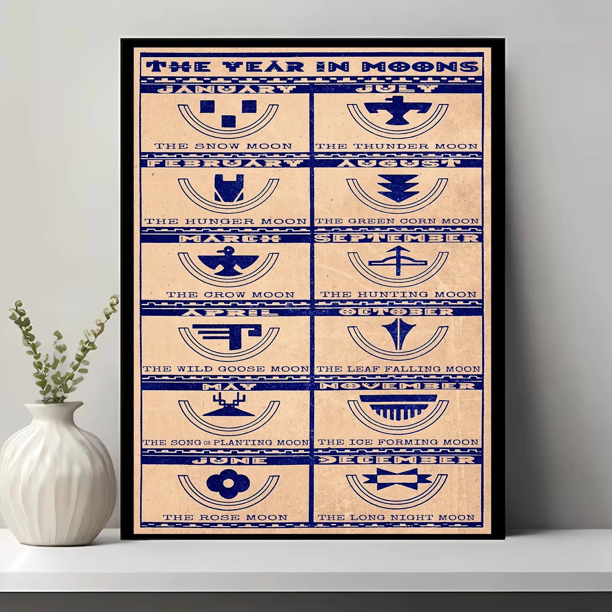 Canvas print featuring Native American lunar calendar, seasonal moons, and a cultural quote. Perfect for inspirational decor.