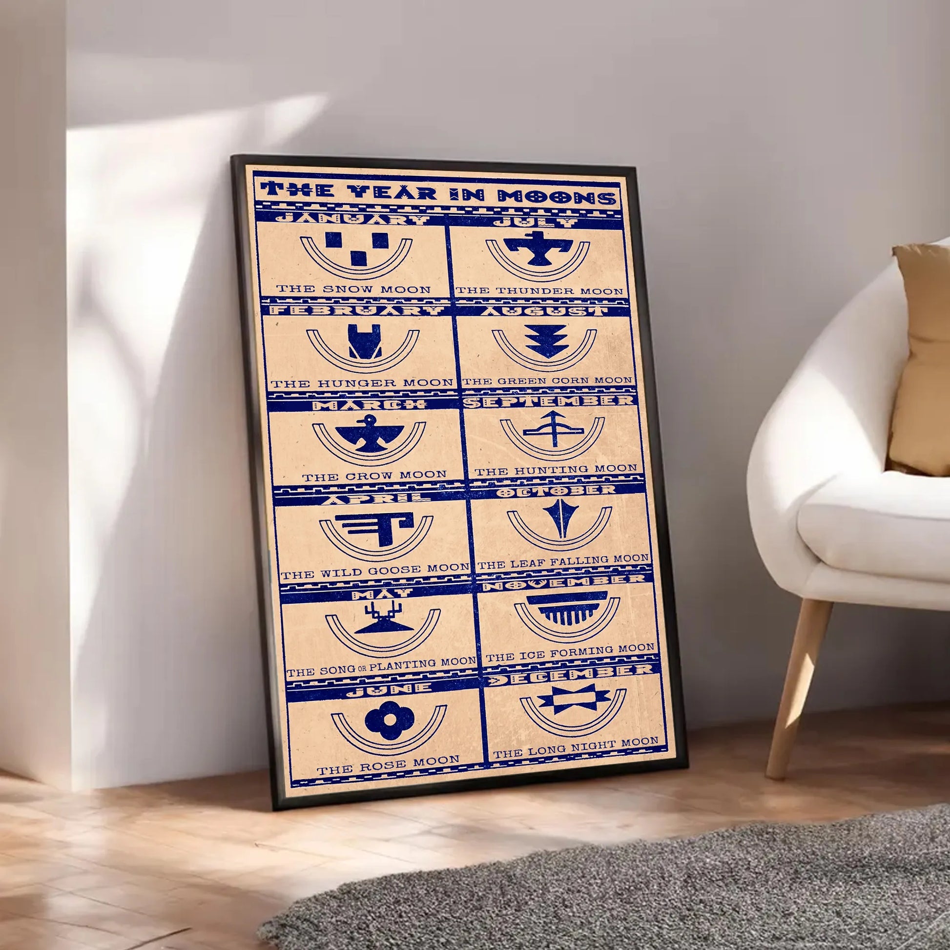 Canvas print featuring Native American lunar calendar, seasonal moons, and a cultural quote. Perfect for inspirational decor.