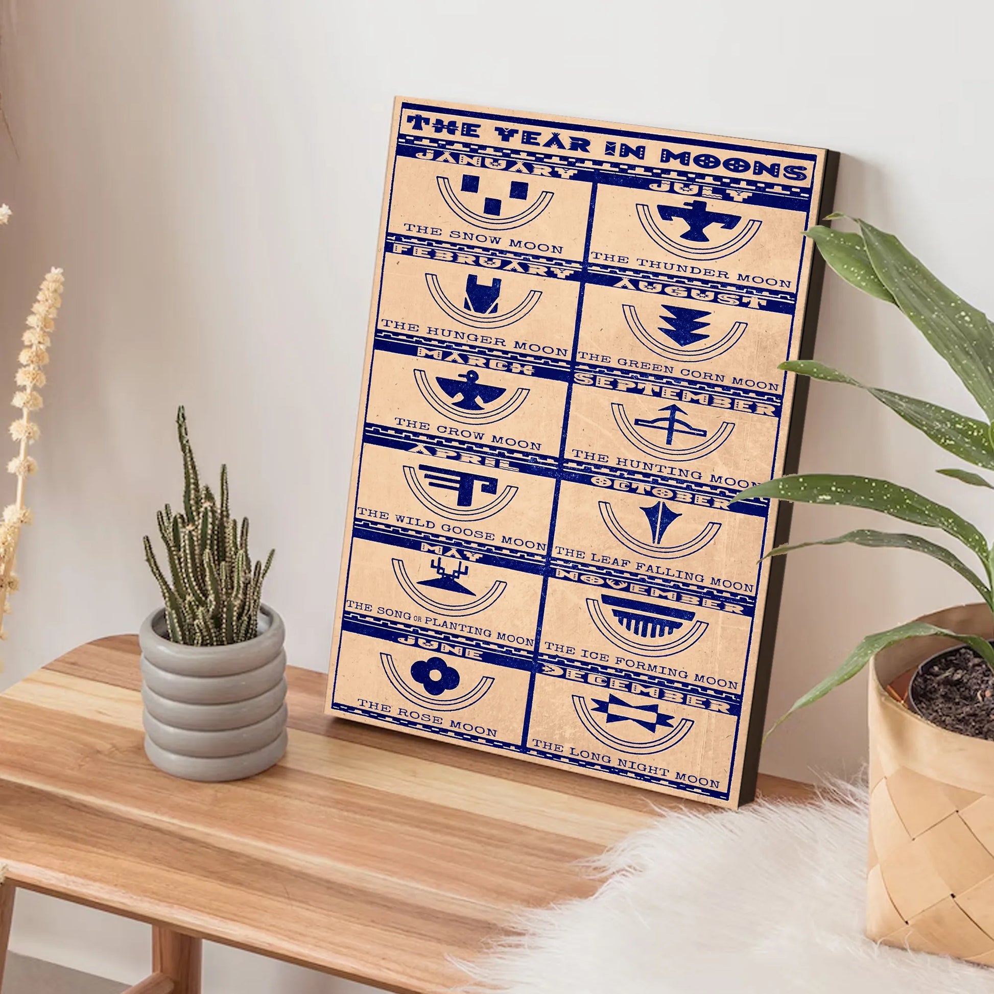 Canvas print featuring Native American lunar calendar, seasonal moons, and a cultural quote. Perfect for inspirational decor.