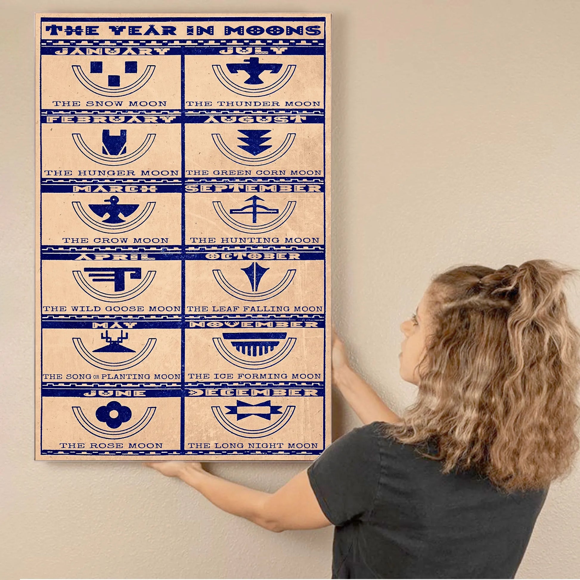 Canvas print featuring Native American lunar calendar, seasonal moons, and a cultural quote. Perfect for inspirational decor.