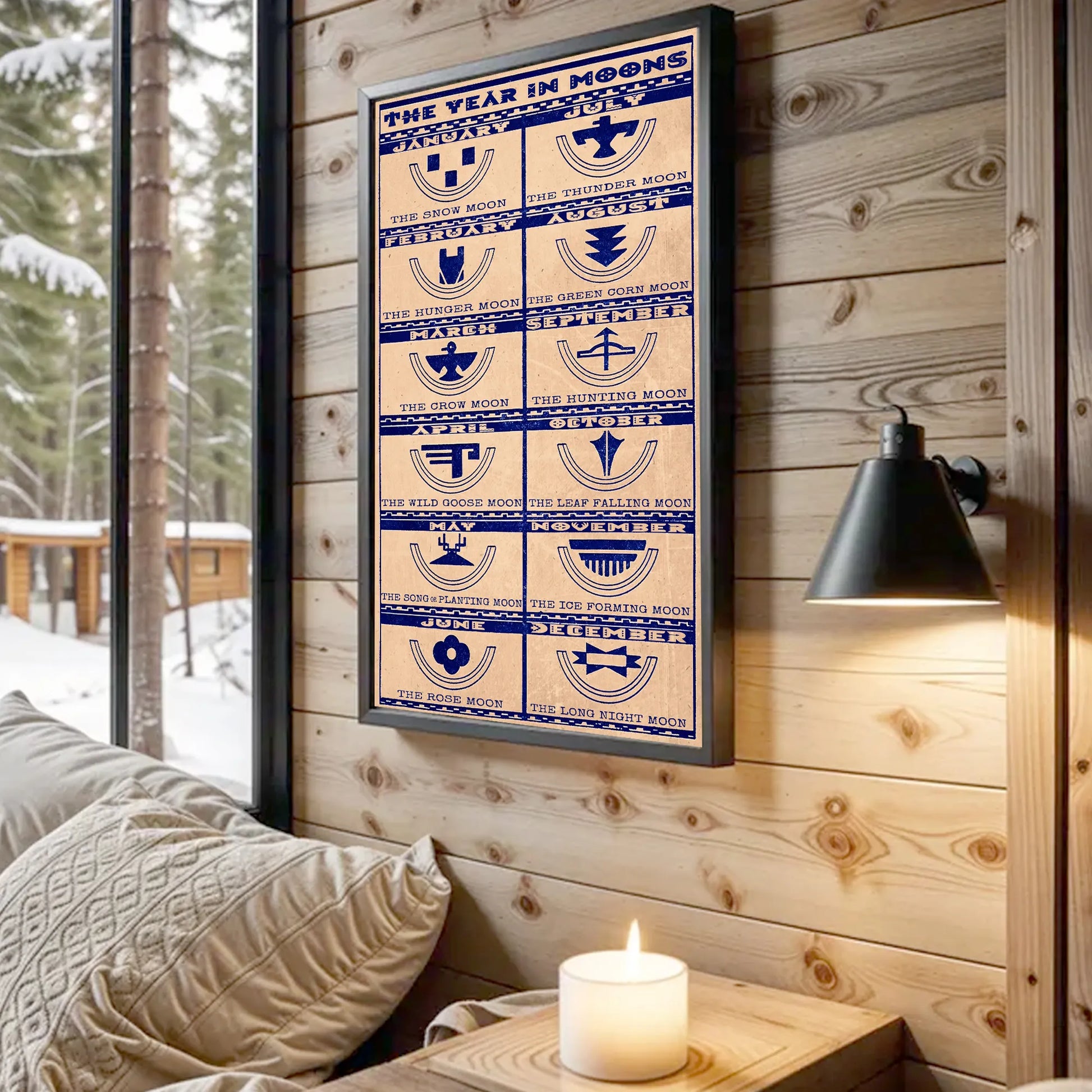 Canvas print featuring Native American lunar calendar, seasonal moons, and a cultural quote. Perfect for inspirational decor.