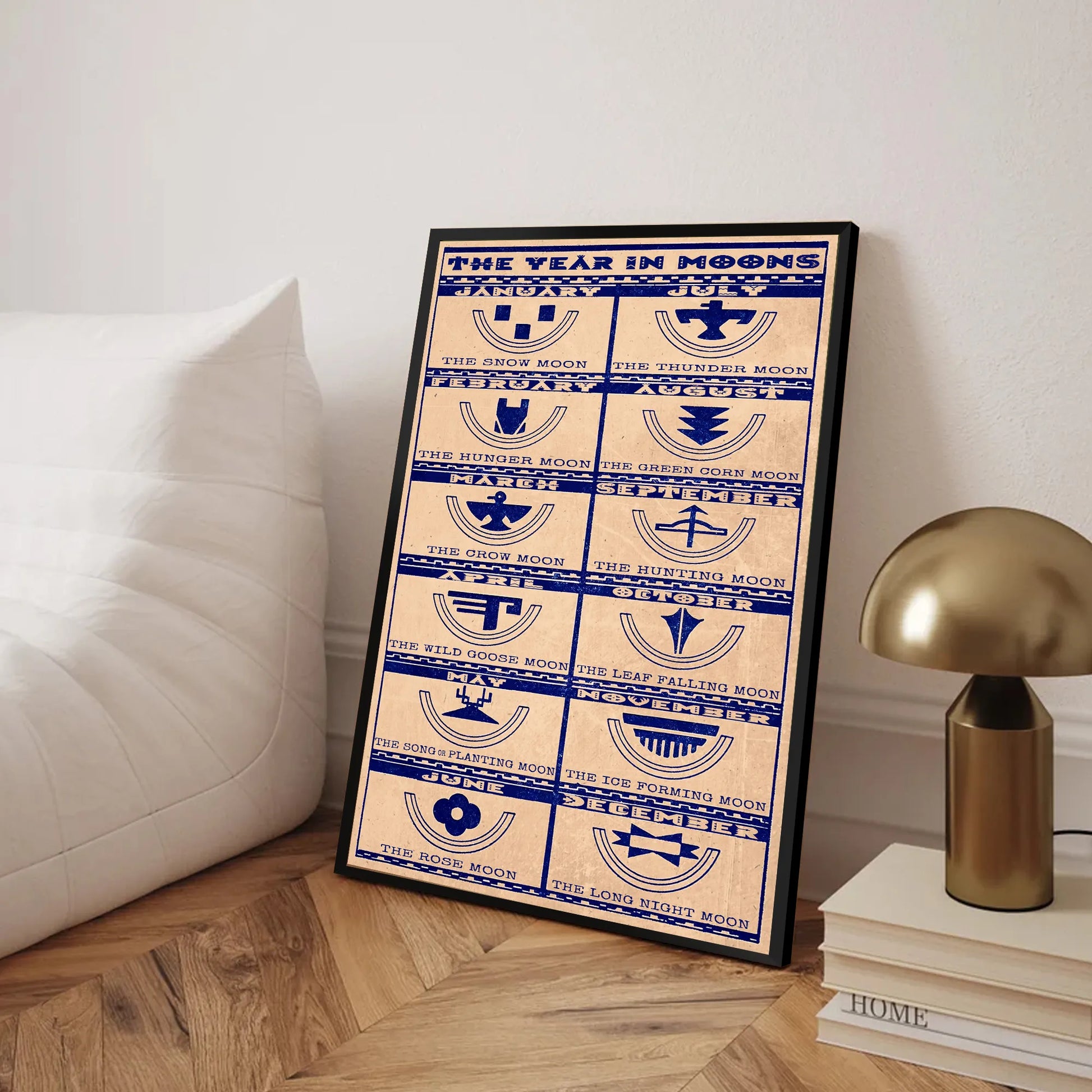 Canvas print featuring Native American lunar calendar, seasonal moons, and a cultural quote. Perfect for inspirational decor.
