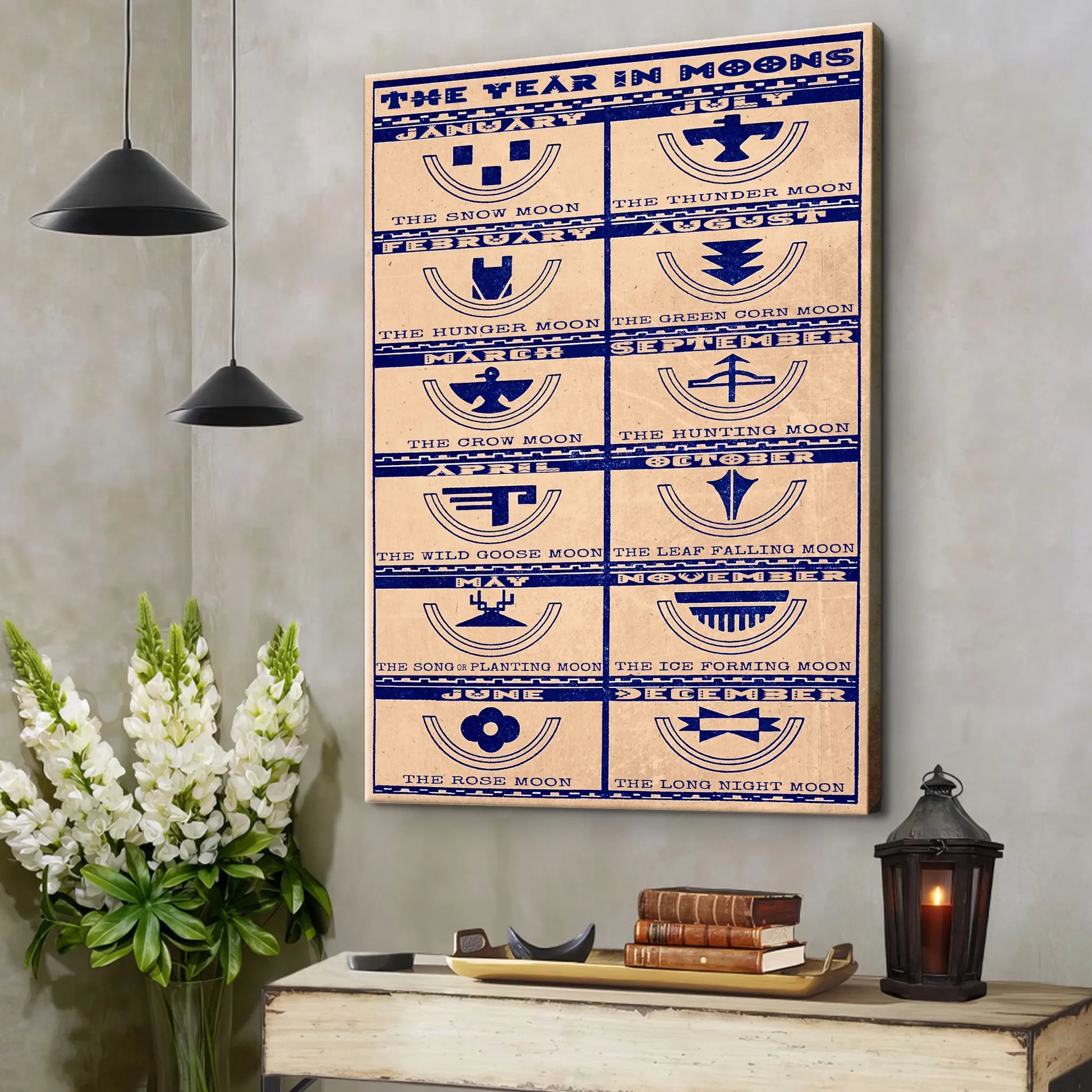 Seasonal Native American lunar calendar canvas, featuring cultural symbols and inspiring quotes about nature's cycles.