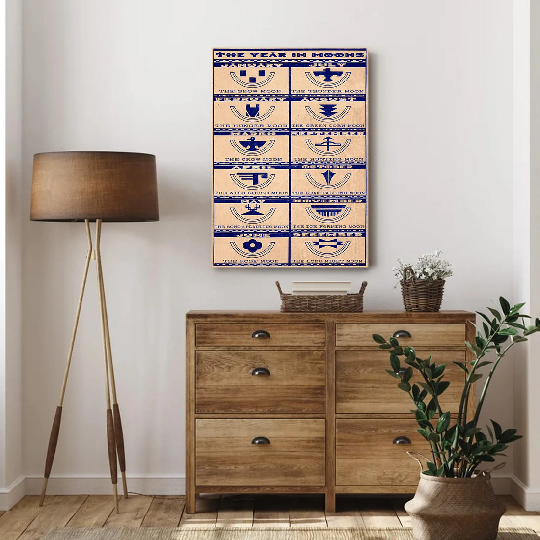 Canvas print featuring Native American lunar calendar, seasonal moons, and a cultural quote. Perfect for inspirational decor.