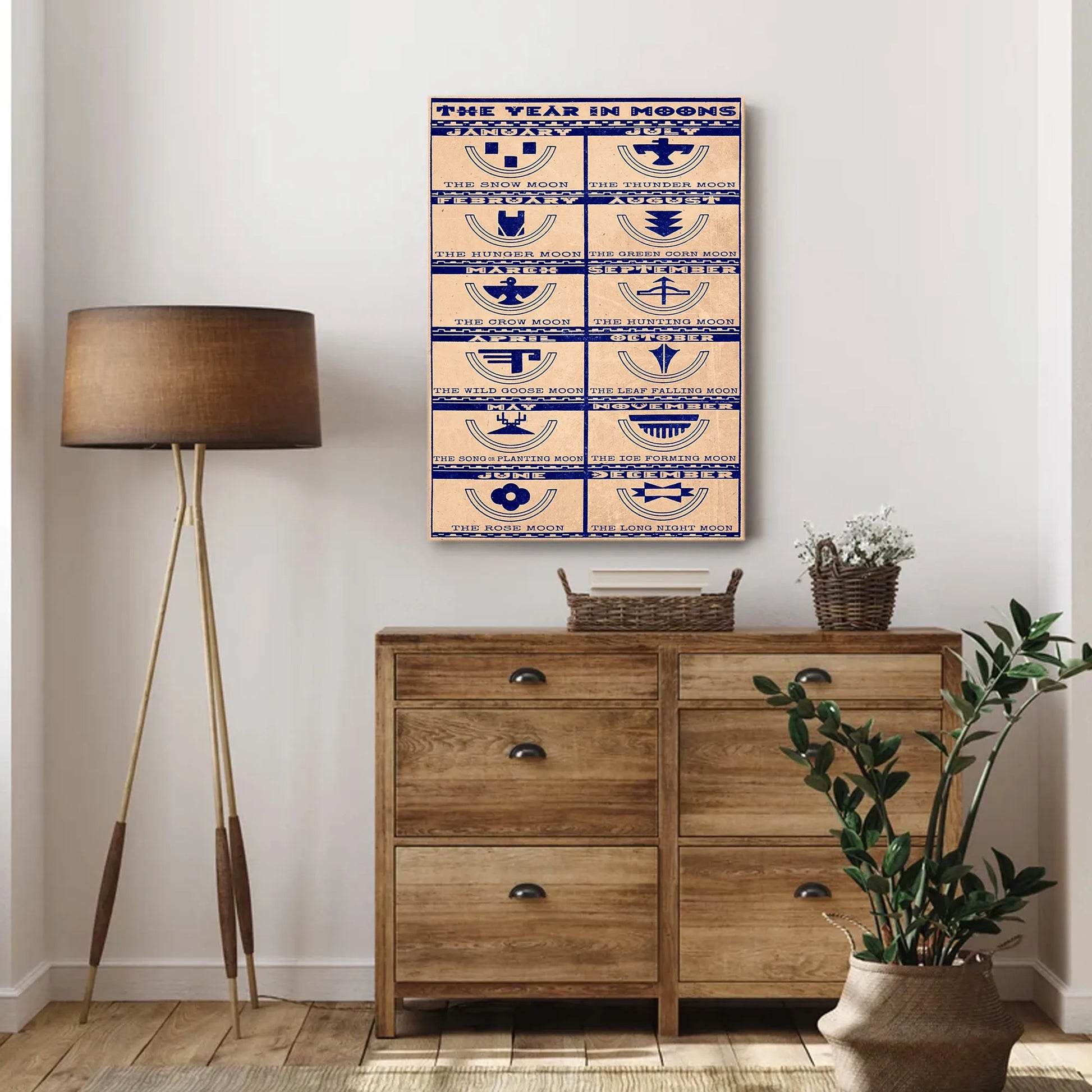 Native American-themed canvas showcasing a lunar calendar with seasonal moons and meaningful symbols, inspiring positivity.