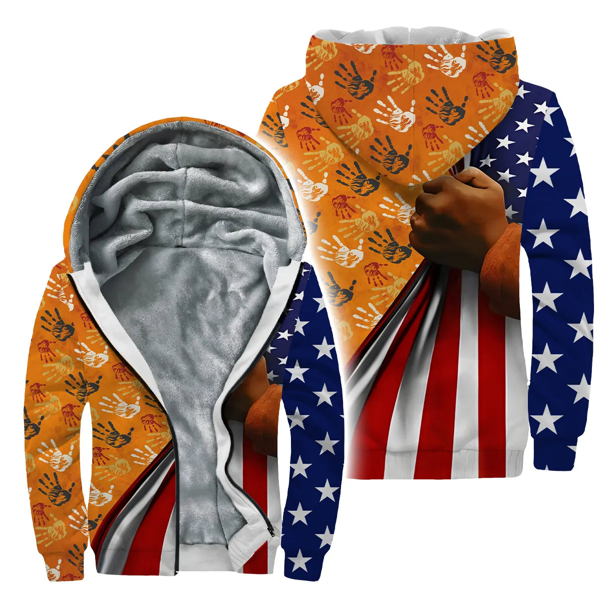 Velvet Hoodie featuring Native American handprints and American flag with clenched fist graphic.