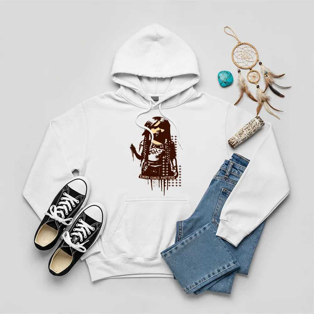 Orange hoodie with Native American child silhouette and Every Child Matters quote